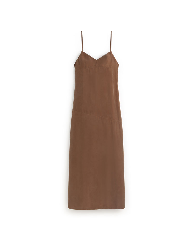 Vestido largo marrón cupro Dina sostenible silueta - 1